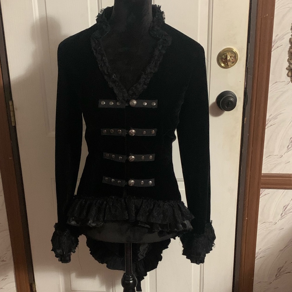 Hearts & Roses Gloria Black Velvet, Satin and Lace Tailcoat with Silver Buttons
